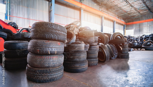 Pile of used car tires in warehouse area. Industrial waste. photo