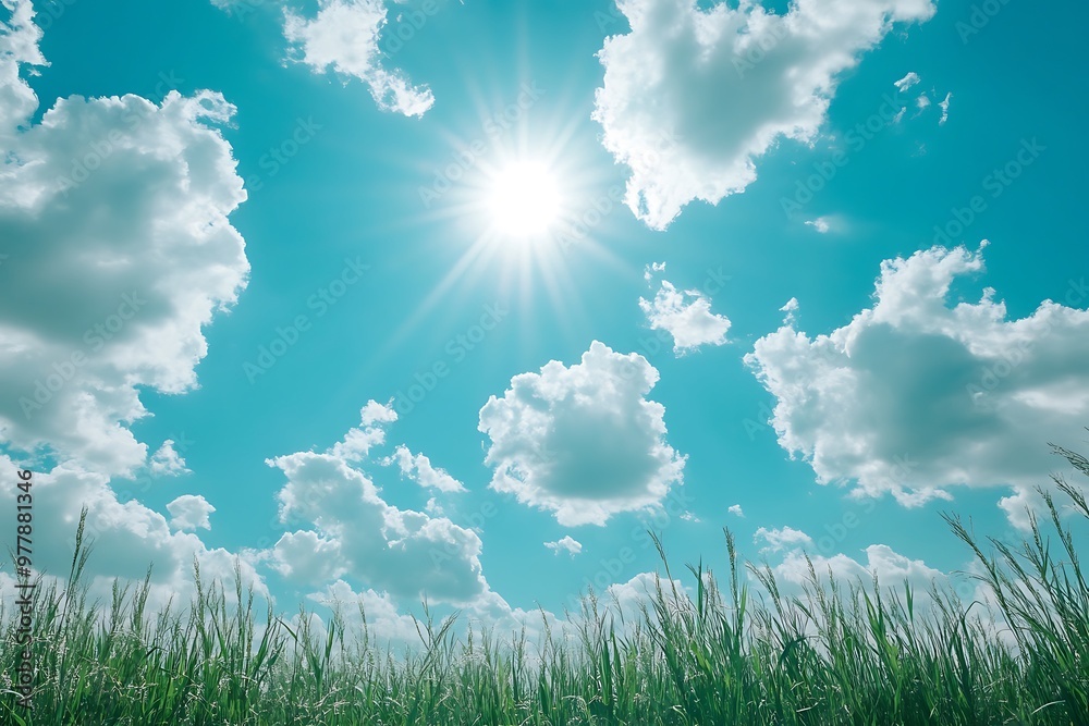 Fototapeta premium Sunny Day with Green Grass and Blue Sky