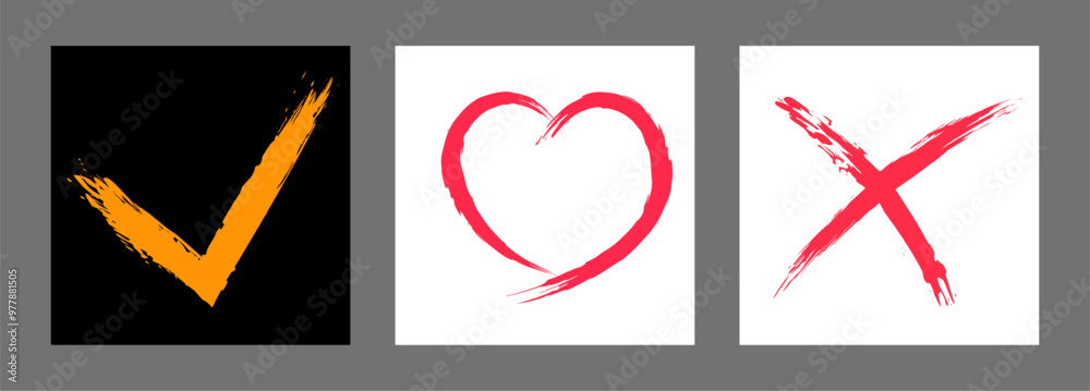 The cross, heart and OK symbol are hand-drawn with a brush. Prohibition, denial, error. Love. Approval, consent. Vector, set of 3 characters The cross, heart and OK symbol are hand-drawn with a brush. Prohibition, denial, error. Love. Approval, consent. Vector, set of 3 characters