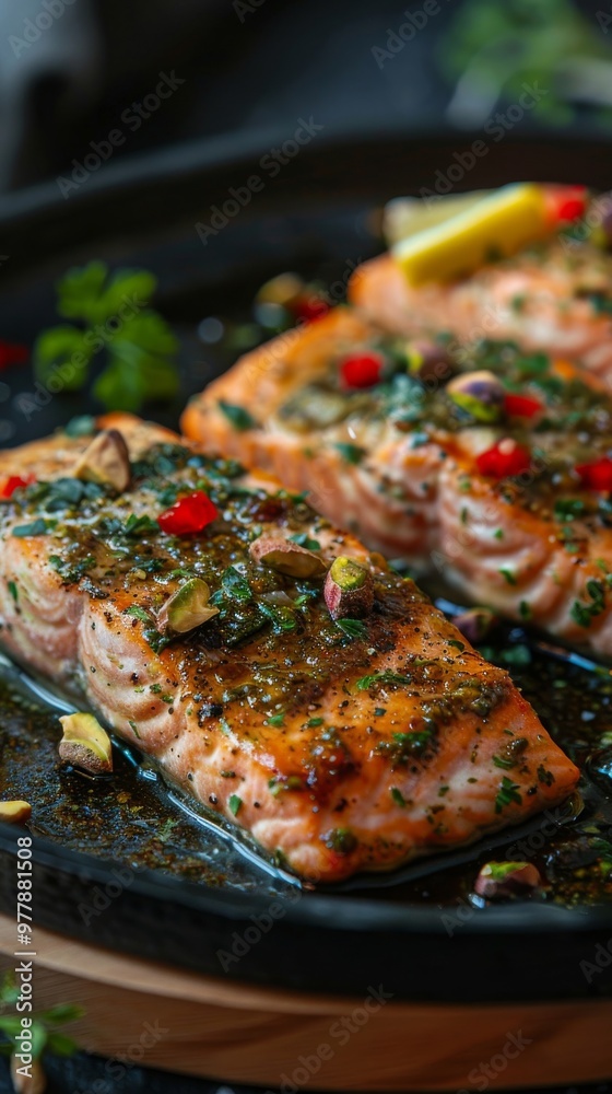 a pan filled with salmon and vegetables on a wooden board a pan filled with salmon and vegetables on a wooden board