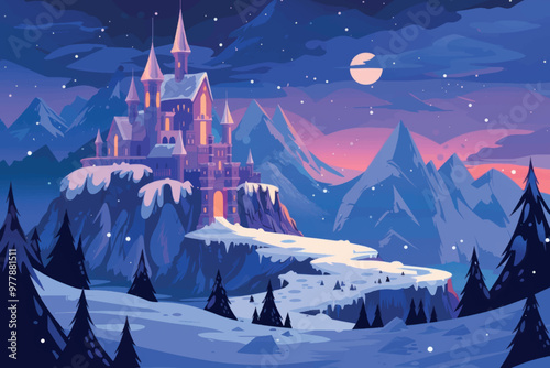 Enchanting snowy mountain castle