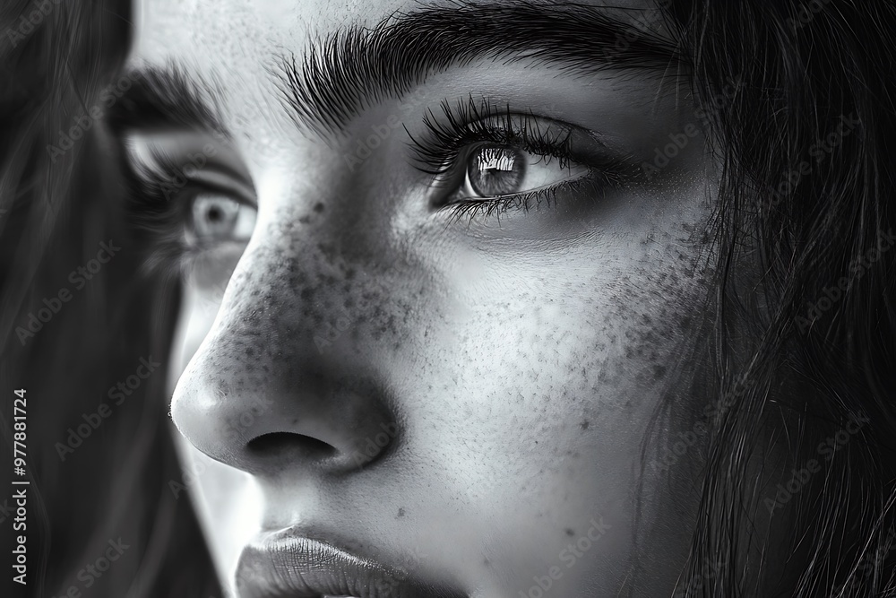 Fototapeta premium Close up portrait of a young woman with freckles, looking away from the camera. Black and white photography concept for beauty, fashion, and emotion.