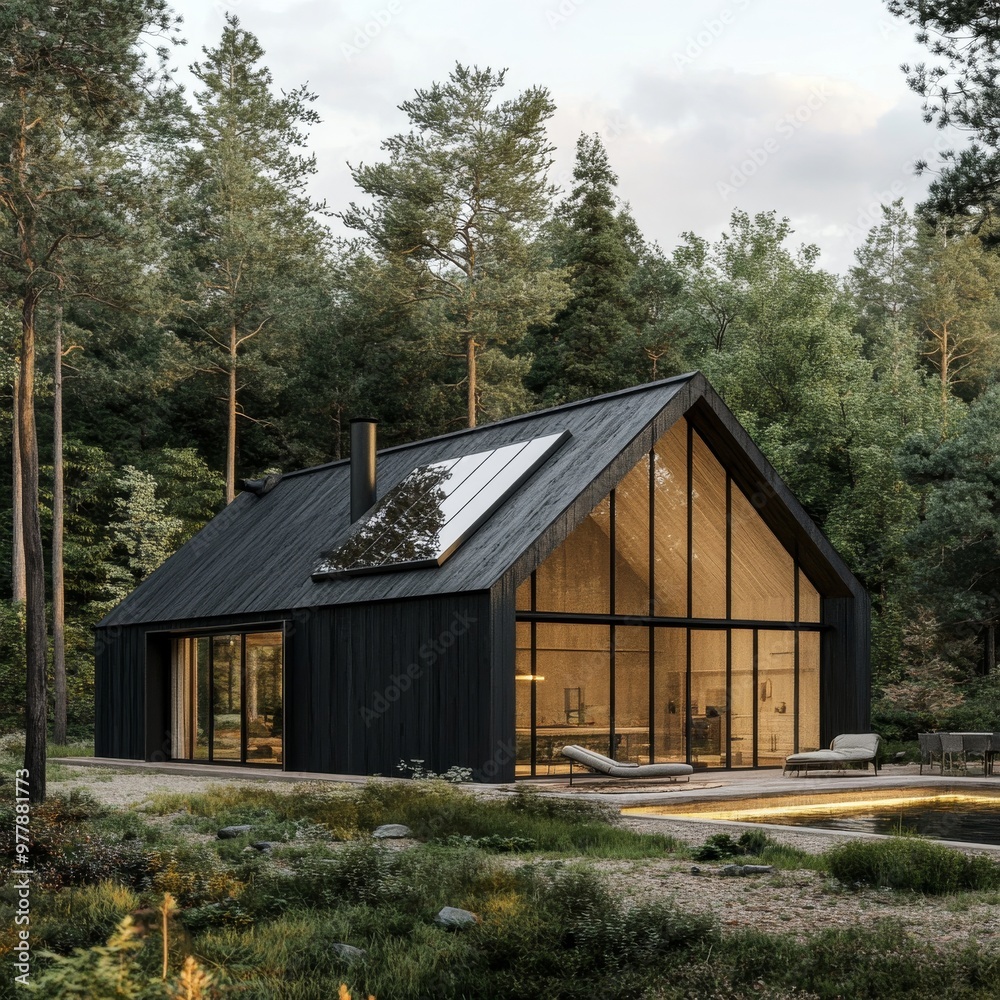 Fototapeta premium a black cabin with a glass roof in the woods