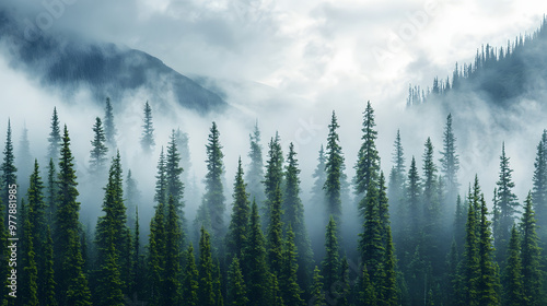 A misty mountain forest with tall evergreens their tips disappearing into the low-hanging clouds. photo