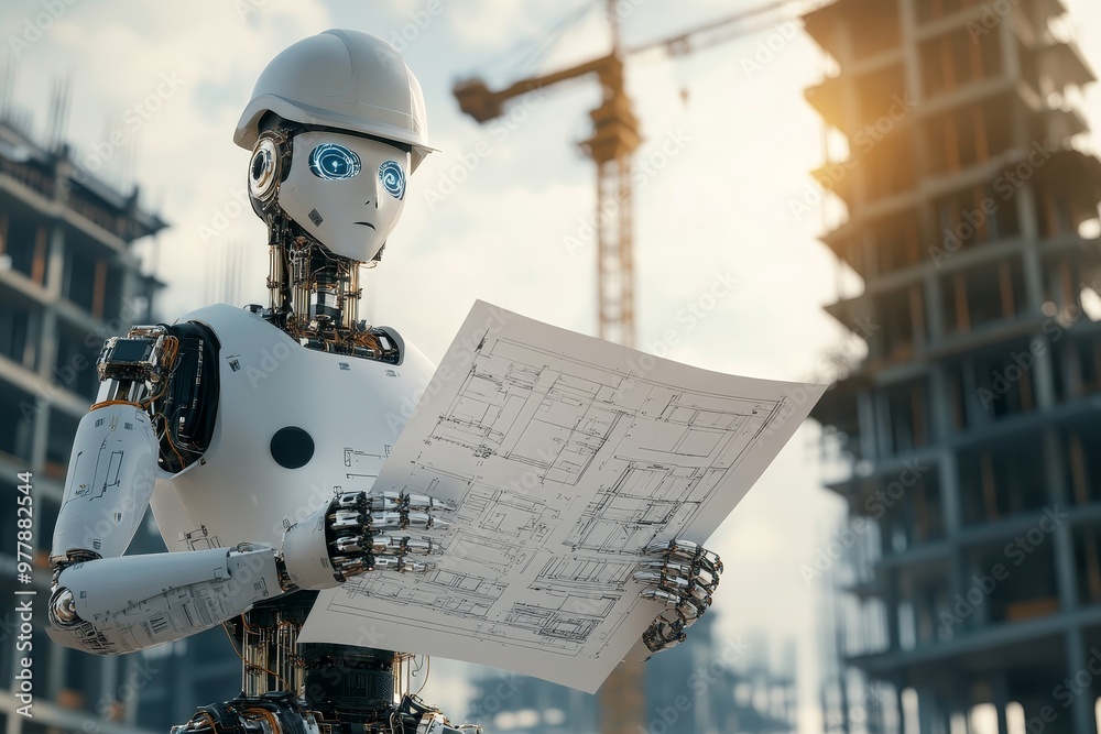 Naklejka premium Robot foreman engineer overseeing construction site with tower cranes and architectural blueprints