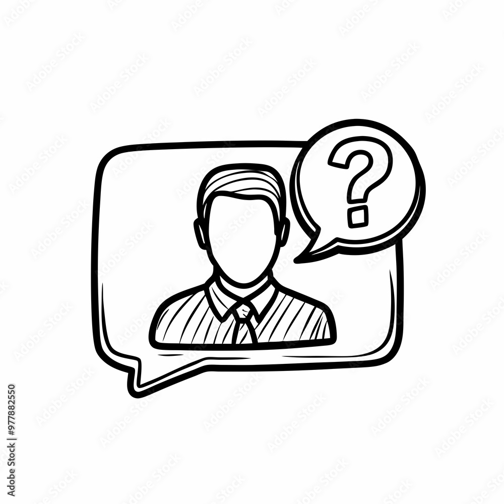 Sketch of a businessman with a speech bubble indicating a question or inquiry. Sketch of a businessman with a speech bubble indicating a question or inquiry.