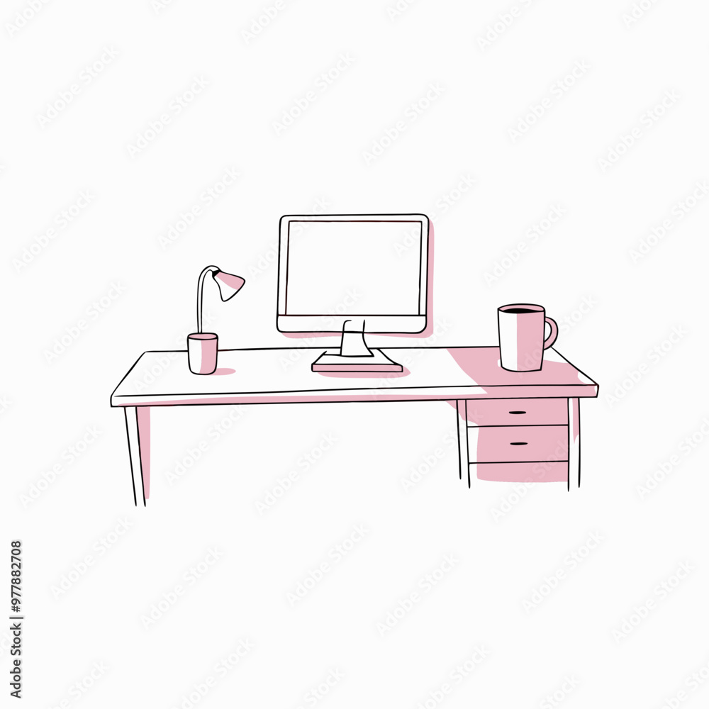 Minimalist home office desk with computer, lamp, and coffee mug, pink accents, line art illustration, white background
Minimalist home office desk with computer, lamp, and coffee mug, pink accents, line art illustration, white background