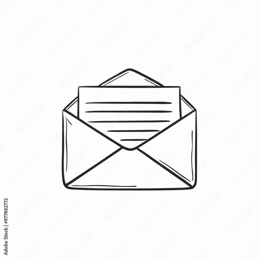 Hand-drawn style open envelope with a letter, featuring simple lines and details Hand-drawn style open envelope with a letter, featuring simple lines and details
