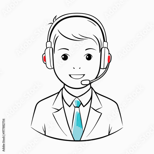 Cheerful call center representative wearing a headset and a suit with a bright smile.