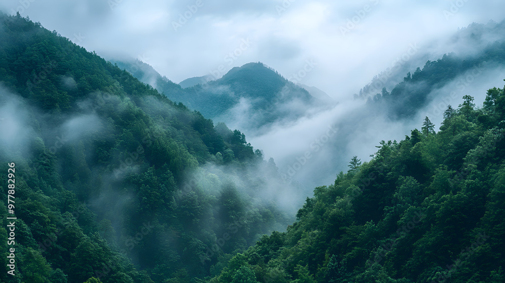 A mountain range shrouded in mist with dense forests climbing up the slopes and only the highest peaks visible. A mountain range shrouded in mist with dense forests climbing up the slopes and only the highest peaks visible.
