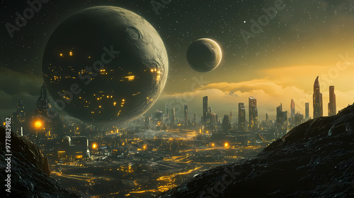 A futuristic view of the solar system, with terraformed planets and bustling space colonies. Terraforming. Illustration photo