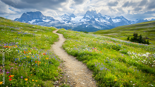 A mountain trail winding through an alpine meadow with wildflowers leading towards towering snow-capped peaks in the distance.