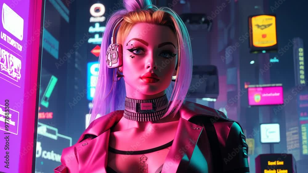 Neon-haired woman in a futuristic city wearing tech gear with glowing lights
Neon-haired woman in a futuristic city wearing tech gear with glowing lights