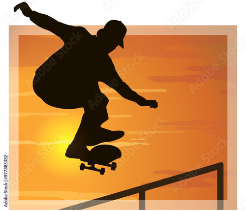 skateboarding, skateboarder in silhouette performing an aerial trick against a sunset sky background
