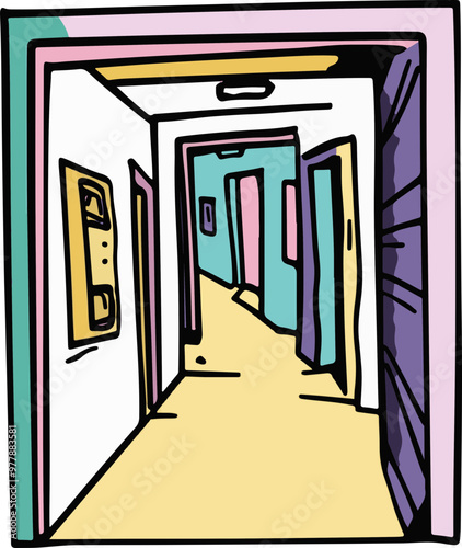 Colorful Vector Hallway with Multiple Open Doors