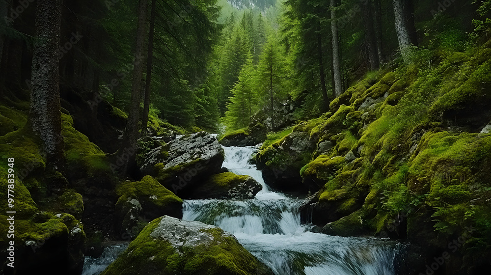 Obraz premium A narrow mountain stream cascading over rocks with vibrant green moss covering the boulders and tall pine trees surrounding the scene.