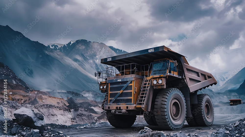 a large, heavy-duty dump truck in a mining area, surrounded by piles of earth and rocks. The background features a mountainous landscape under a cloudy sky a large, heavy-duty dump truck in a mining area, surrounded by piles of earth and rocks. The background features a mountainous landscape under a cloudy sky