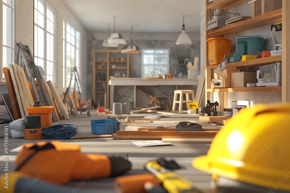 Cartoon style 3d render of living room renovations with carpentry tools and safety focus Cartoon style 3d render of living room renovations with carpentry tools and safety focus