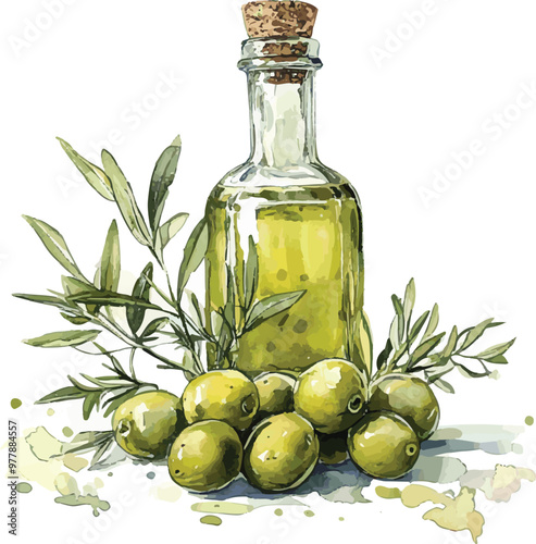 olive oil vector illustration, watercolor set on a white background