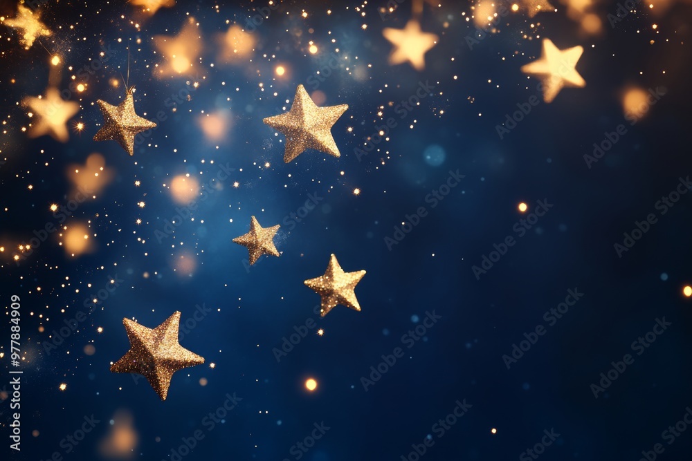 Fototapeta premium Festive blue background with shimmering star bokeh and floating golden stars for celebrations