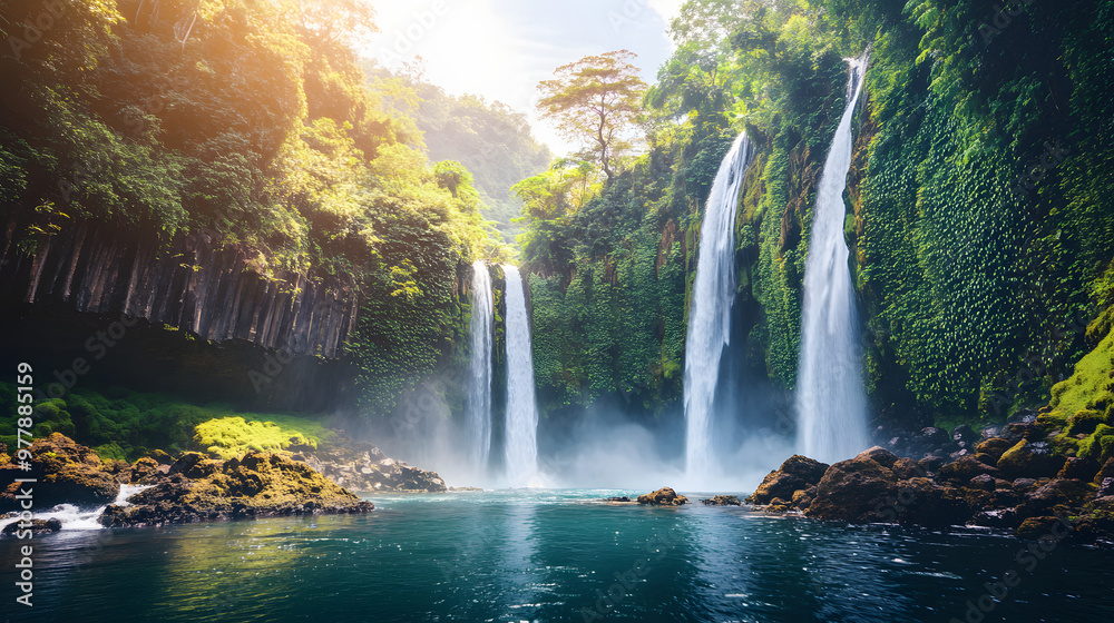 Fototapeta premium A picturesque tropical island with cascading waterfalls flowing into a hidden lagoon surrounded by dense jungle and towering cliffs.