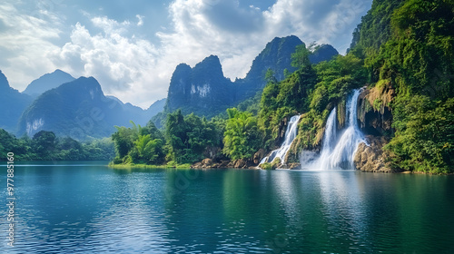 A picturesque tropical island with cascading waterfalls flowing into a hidden lagoon surrounded by dense jungle and towering cliffs.