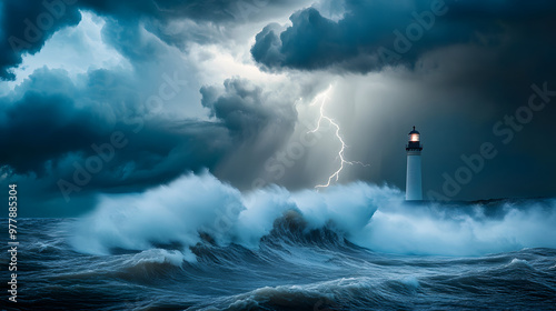 A powerful storm rolling across the open ocean with towering waves crashing against a distant lighthouse and lightning splitting the sky.