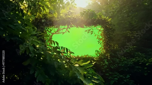 Hidden green screen in a jungle surrounded by dense forest for media display