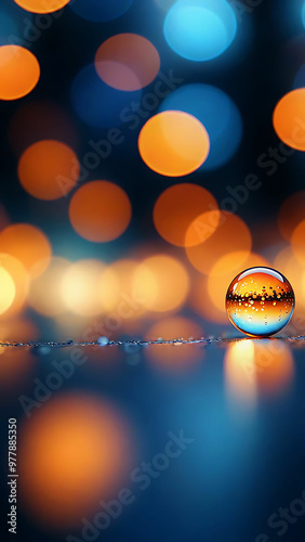Intricate Glass Sphere with Vibrant Blue, Orange, and Yellow Hues, Glistening with Water Droplets on Reflective Surface, Surrounded by Mesmerizing Blurred Bokeh Lights and Radiant Glow. 