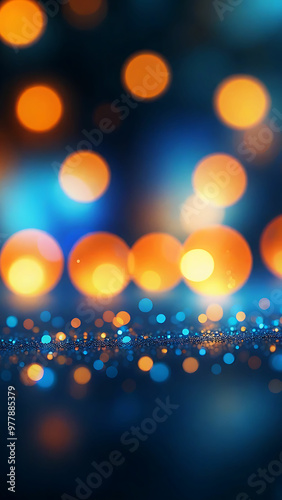 Intricate Glass Sphere with Vibrant Blue, Orange, and Yellow Hues, Glistening with Water Droplets on Reflective Surface, Surrounded by Mesmerizing Blurred Bokeh Lights and Radiant Glow. 