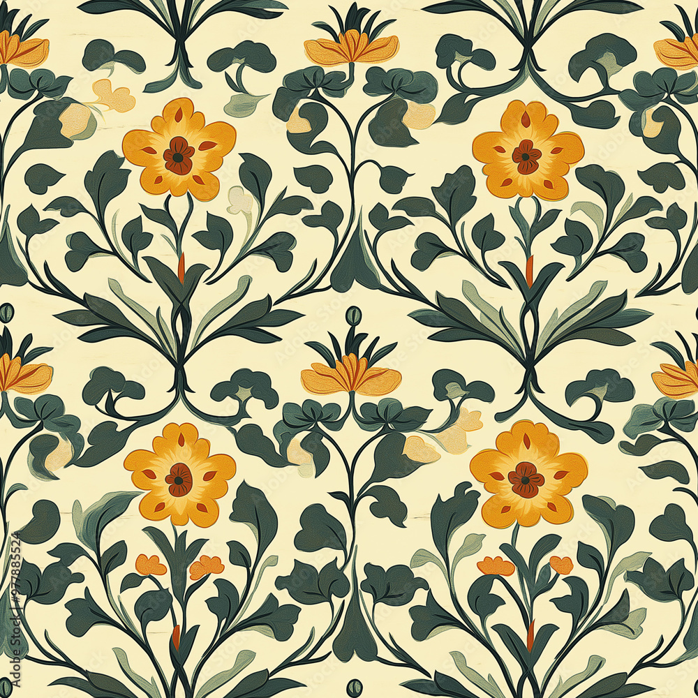 Vines and botanical motifs in a moroccan pattern style design. Seamless floral in green and yellow colors Vines and botanical motifs in a moroccan pattern style design. Seamless floral in green and yellow colors