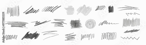 Pencil lines and squiggles, wide strokes, hatching, collage elements. Hand drawn charcoal scribble grey strokes. Graphite sketches. Vector scrawl isolated on white background