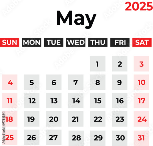 may 2025 Monthly Calendar design week starts from sunday