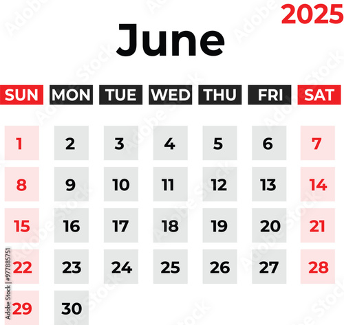 June 2025 Monthly Calendar design week starts from sunday