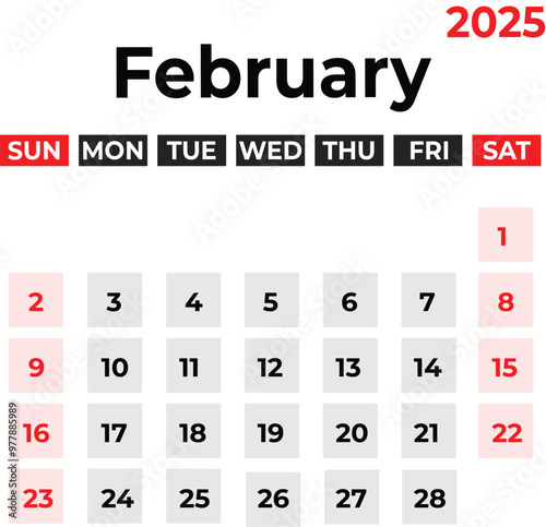 february 2025 Monthly Calendar design week starts from sunday