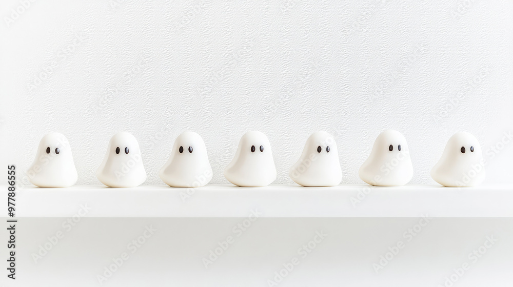 Miniature Ghost Figurines Lined Up on White Shelf, Minimalist Halloween Concept Miniature Ghost Figurines Lined Up on White Shelf, Minimalist Halloween Concept