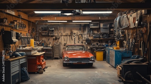 A well-equipped garage with a classic red car in the center, surrounded by tools, equipment, and shelves.