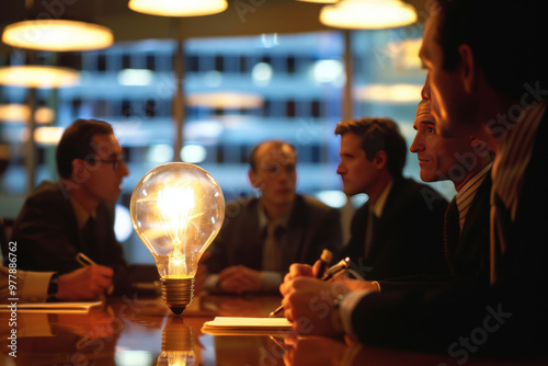 Business meeting with illuminated light bulb as a symbol of innovative ideas in a modern office environment