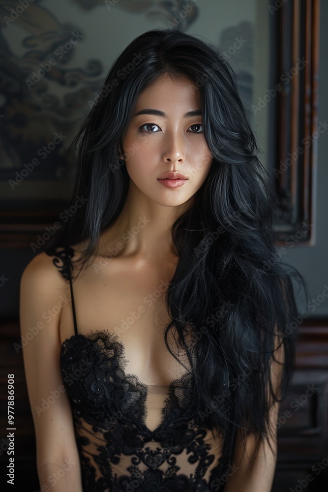 Candid portrait of a asian woman with long and black hair, with sexy black lingerie Candid portrait of a asian woman with long and black hair, with sexy black lingerie