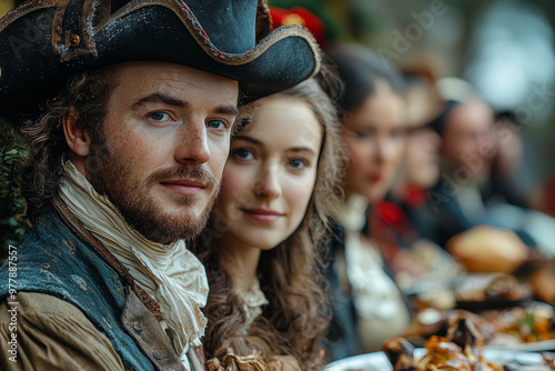 Puritan settlers in the American colonies celebrating a modest Christmas with simple prayers and a quiet dinner. Concept of Christmas in Colonial America.