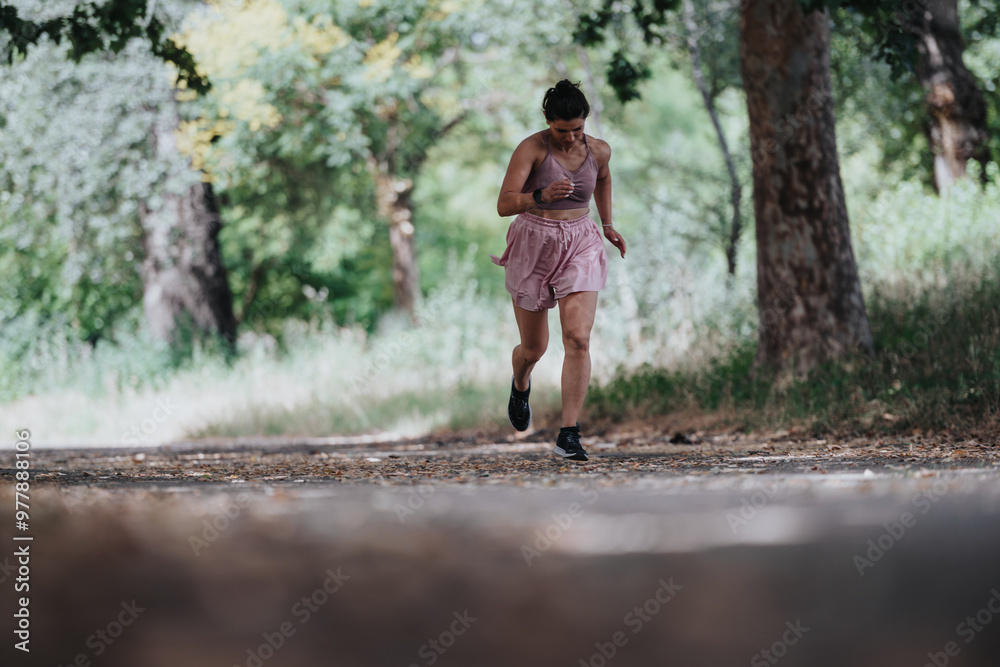 Fototapeta premium Woman jogging in a serene forested park, engaging in outdoor exercise and enjoying a fitness routine in nature.