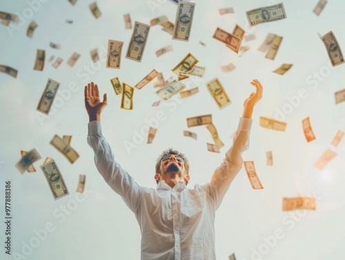 A joyful man raises his arms as money falls from the sky, symbolizing financial success and abundance. on a light background