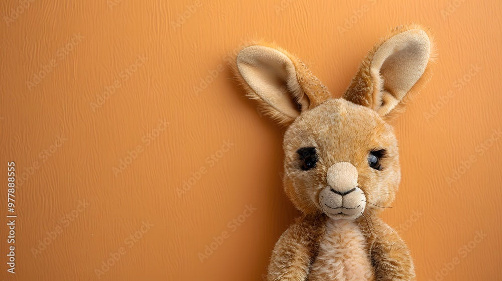 Obraz premium Cute Kangaroo Plush Toy on Orange Background with Copy Space for Toy-Themed Designs 