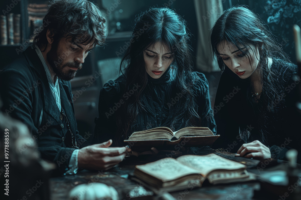 Fototapeta premium A Victorian s'ance where participants attempt to communicate with spirits on Halloween night. Concept of Halloween and spiritualism in the Victorian era.