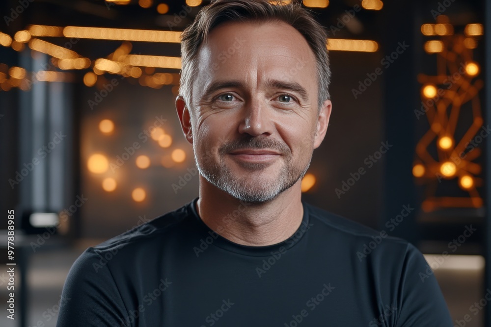 Fototapeta premium Mature man standing in a modern space filled with glowing elements symbolizing leadership innovation and personal growth with a focus on technology and forward thinking