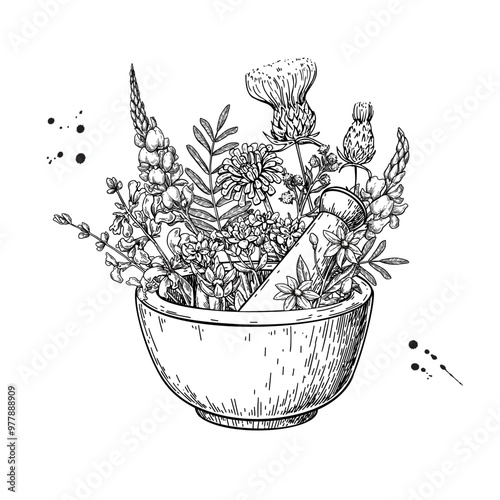 Mortar and pestle with herbs. Alternative medicine objects vector drawing.