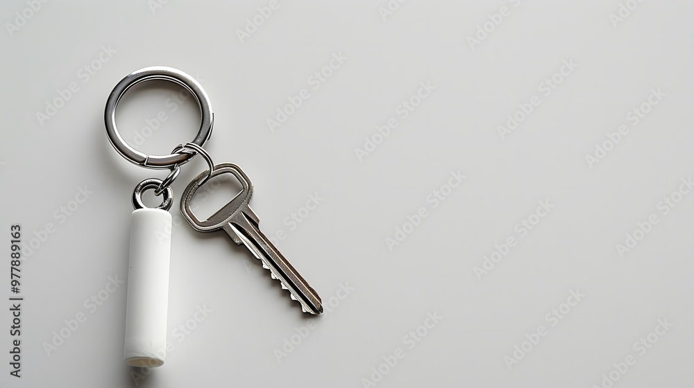 Silver Key with Keychain on Minimalist White Background with Copy Space for Real Estate or Home-Themed Designs
Silver Key with Keychain on Minimalist White Background with Copy Space for Real Estate or Home-Themed Designs