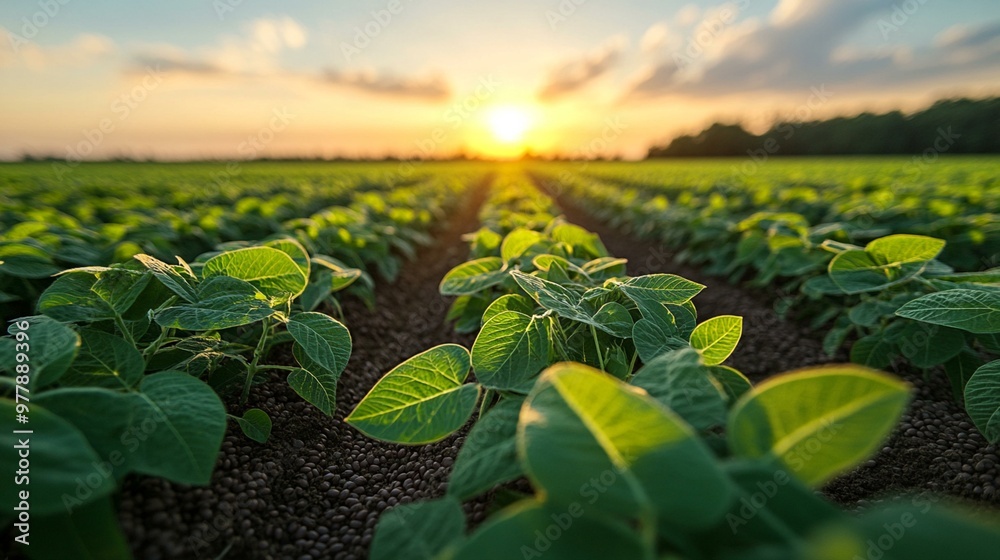 a View of a soybean farm agricultural field against a clear sky, showcasing rows of green crops and farmland. a View of a soybean farm agricultural field against a clear sky, showcasing rows of green crops and farmland.