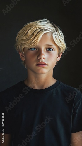 a young boy with blonde hair and blue eyes