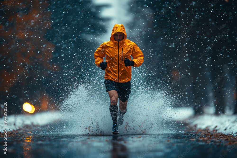 A marathon runner training in all weather conditions, preparing for the big race. Concept of relentless effort and commitment leading to athletic success.